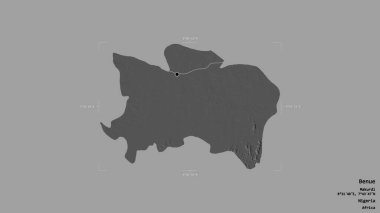Benue bölgesi, Nijerya eyaleti, katı bir arka planda izole edilmiş bir sınır kutusunda. Etiketler. Çift seviyeli yükseklik haritası. 3B görüntüleme