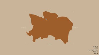 Benue bölgesi, Nijerya eyaleti, katı bir arka planda izole edilmiş bir sınır kutusunda. Etiketler. Desenli dokuların bileşimi. 3B görüntüleme