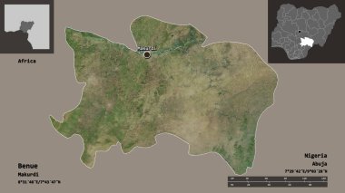 Benue 'nun şekli, Nijerya eyaleti ve başkenti. Uzaklık ölçeği, ön gösterimler ve etiketler. Uydu görüntüleri. 3B görüntüleme