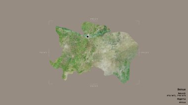 Benue bölgesi, Nijerya eyaleti, katı bir arka planda izole edilmiş bir sınır kutusunda. Etiketler. Uydu görüntüleri. 3B görüntüleme