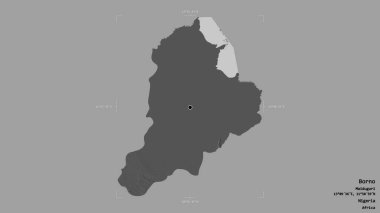 Borno bölgesi, Nijerya eyaleti, katı bir arka planda izole edilmiş bir sınır kutusunda. Etiketler. Çift seviyeli yükseklik haritası. 3B görüntüleme