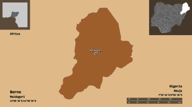 Borno 'nun şekli, Nijerya eyaleti ve başkenti. Uzaklık ölçeği, ön gösterimler ve etiketler. Düzenli desenli dokuların bileşimi. 3B görüntüleme
