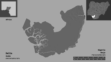 Delta 'nın şekli, Nijerya eyaleti ve başkenti. Uzaklık ölçeği, ön gösterimler ve etiketler. Çift seviyeli yükseklik haritası. 3B görüntüleme