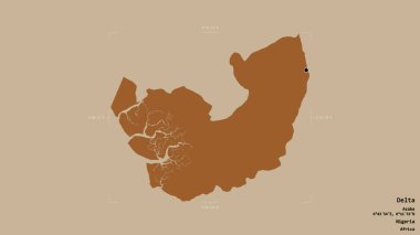 Delta bölgesi, Nijerya eyaleti, katı bir arka planda izole edilmiş bir sınır kutusunda. Etiketler. Desenli dokuların bileşimi. 3B görüntüleme