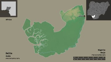 Delta 'nın şekli, Nijerya eyaleti ve başkenti. Uzaklık ölçeği, ön gösterimler ve etiketler. Topografik yardım haritası. 3B görüntüleme
