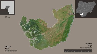 Delta 'nın şekli, Nijerya eyaleti ve başkenti. Uzaklık ölçeği, ön gösterimler ve etiketler. Uydu görüntüleri. 3B görüntüleme