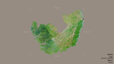 Delta bölgesi, Nijerya eyaleti, katı bir arka planda izole edilmiş bir sınır kutusunda. Etiketler. Uydu görüntüleri. 3B görüntüleme