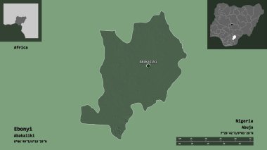 Ebonyi 'nin şekli, Nijerya eyaleti ve başkenti. Uzaklık ölçeği, ön gösterimler ve etiketler. Renkli yükseklik haritası. 3B görüntüleme