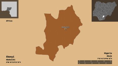 Ebonyi 'nin şekli, Nijerya eyaleti ve başkenti. Uzaklık ölçeği, ön gösterimler ve etiketler. Düzenli desenli dokuların bileşimi. 3B görüntüleme
