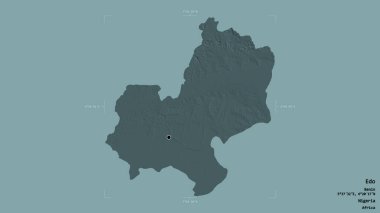 Edo bölgesi, Nijerya eyaleti, katı bir arka planda izole edilmiş bir sınır kutusunda. Etiketler. Renkli yükseklik haritası. 3B görüntüleme