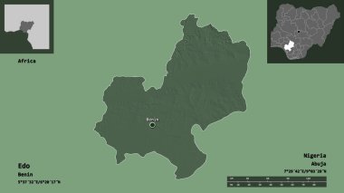 Edo 'nun şekli, Nijerya eyaleti ve başkenti. Uzaklık ölçeği, ön gösterimler ve etiketler. Renkli yükseklik haritası. 3B görüntüleme