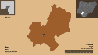 Edo 'nun şekli, Nijerya eyaleti ve başkenti. Uzaklık ölçeği, ön gösterimler ve etiketler. Düzenli desenli dokuların bileşimi. 3B görüntüleme