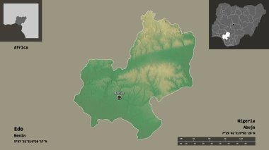 Edo 'nun şekli, Nijerya eyaleti ve başkenti. Uzaklık ölçeği, ön gösterimler ve etiketler. Topografik yardım haritası. 3B görüntüleme