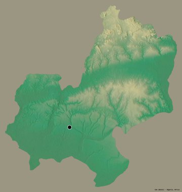 Nijerya 'nın Edo eyaleti, başkenti katı bir renk arkaplanı ile izole edilmiştir. Topografik yardım haritası. 3B görüntüleme