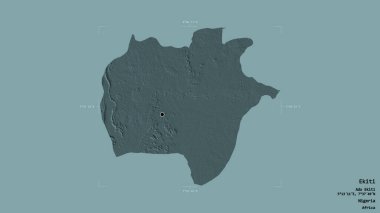 Ekiti bölgesi, Nijerya eyaleti, katı bir arka planda izole edilmiş bir sınır kutusunda. Etiketler. Renkli yükseklik haritası. 3B görüntüleme