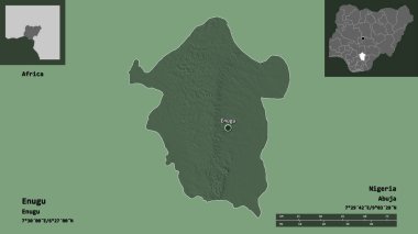 Enugu 'nun şekli, Nijerya eyaleti ve başkenti. Uzaklık ölçeği, ön gösterimler ve etiketler. Renkli yükseklik haritası. 3B görüntüleme