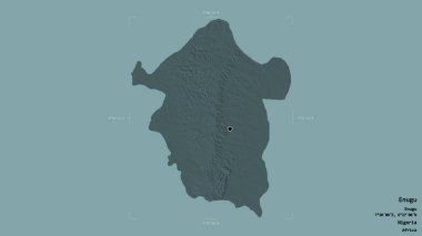 Enugu bölgesi, Nijerya eyaleti, jeoreferatlı bir sınır kutusunda katı bir arka planda izole edilmiş. Etiketler. Renkli yükseklik haritası. 3B görüntüleme