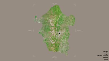 Enugu bölgesi, Nijerya eyaleti, jeoreferatlı bir sınır kutusunda katı bir arka planda izole edilmiş. Etiketler. Uydu görüntüleri. 3B görüntüleme