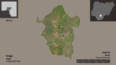 Enugu 'nun şekli, Nijerya eyaleti ve başkenti. Uzaklık ölçeği, ön gösterimler ve etiketler. Uydu görüntüleri. 3B görüntüleme