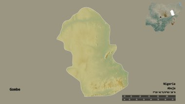 Gombe 'nin şekli, Nijerya eyaleti, başkenti sağlam bir zemin üzerinde izole edilmiş. Uzaklık ölçeği, bölge önizlemesi ve etiketleri. Topografik yardım haritası. 3B görüntüleme