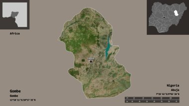 Gombe 'nin şekli, Nijerya eyaleti ve başkenti. Uzaklık ölçeği, ön gösterimler ve etiketler. Uydu görüntüleri. 3B görüntüleme