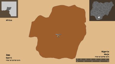 Imo 'nun şekli, Nijerya eyaleti ve başkenti. Uzaklık ölçeği, ön gösterimler ve etiketler. Düzenli desenli dokuların bileşimi. 3B görüntüleme