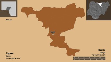 Jigawa 'nın şekli, Nijerya eyaleti ve başkenti. Uzaklık ölçeği, ön gösterimler ve etiketler. Düzenli desenli dokuların bileşimi. 3B görüntüleme