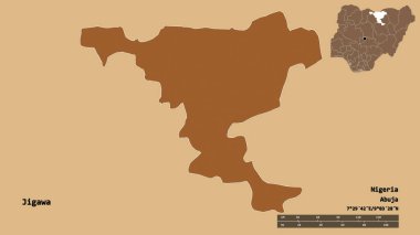 Nijerya 'nın Jigawa eyaleti, başkenti katı bir zemin üzerinde izole edilmiştir. Uzaklık ölçeği, bölge önizlemesi ve etiketleri. Düzenli desenli dokuların bileşimi. 3B görüntüleme