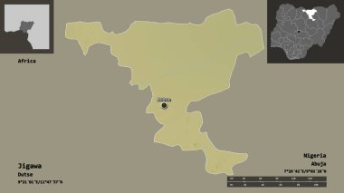 Jigawa 'nın şekli, Nijerya eyaleti ve başkenti. Uzaklık ölçeği, ön gösterimler ve etiketler. Topografik yardım haritası. 3B görüntüleme