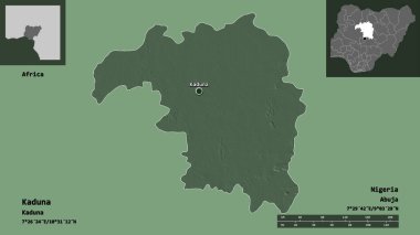 Kaduna 'nın şekli, Nijerya eyaleti ve başkenti. Uzaklık ölçeği, ön gösterimler ve etiketler. Renkli yükseklik haritası. 3B görüntüleme