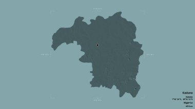 Kaduna bölgesi, Nijerya eyaleti, katı bir arka planda izole edilmiş bir sınır kutusunda. Etiketler. Renkli yükseklik haritası. 3B görüntüleme