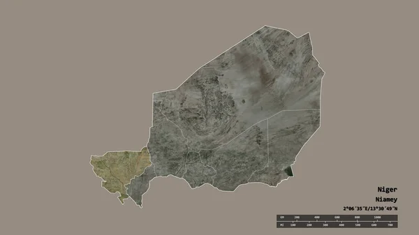 ニジェールの首都 主な地域部門と分離されたティラベリー地域で荒廃した形 ラベル 衛星画像 3Dレンダリング — ストック写真