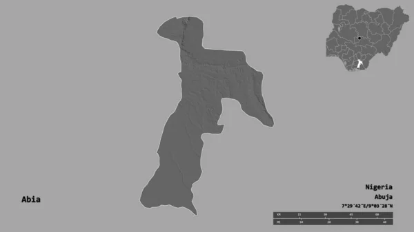 尼日利亚阿比亚的形状 其首都孤立在坚实的背景下 距离尺度 区域预览和标签 Bilevel高程图 3D渲染 — 图库照片