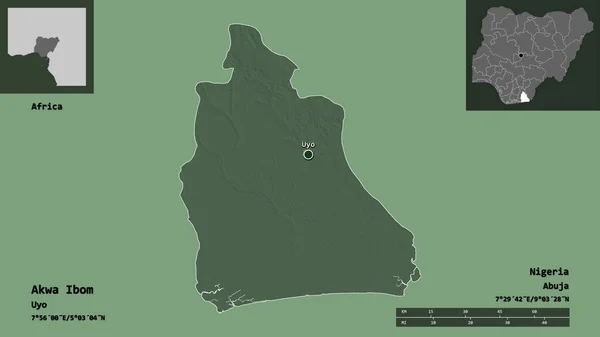 アクワ アイボムの形 ナイジェリアの状態 およびその首都 距離スケール プレビューおよびラベル 色の標高マップ 3Dレンダリング — ストック写真
