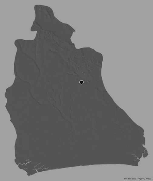 尼日利亚州Akwa Ibom的形状 其首都以纯色背景隔离 Bilevel高程图 3D渲染 — 图库照片
