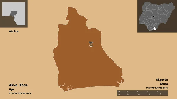 Form Akwa Ibom Delstaten Nigeria Och Dess Huvudstad Avståndsskala Förhandsvisningar — Stockfoto