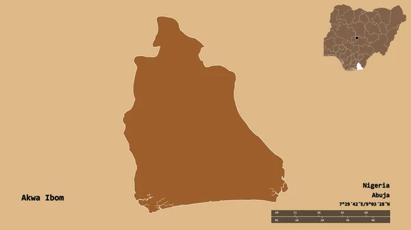 ナイジェリアのアクワ アイボムの形は その資本がしっかりとした背景に孤立しています 距離スケール リージョンプレビュー およびラベル 規則的にパターン化されたテクスチャの構成 3Dレンダリング — ストック写真