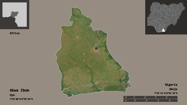 尼日利亚州Akwa Ibom的形状及其首都 距离刻度 预览和标签 卫星图像 3D渲染 — 图库照片
