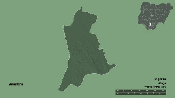 阿南布拉的形状 尼日利亚的州 它的首都孤立的坚实的背景 距离尺度 区域预览和标签 彩色高程图 3D渲染 — 图库照片