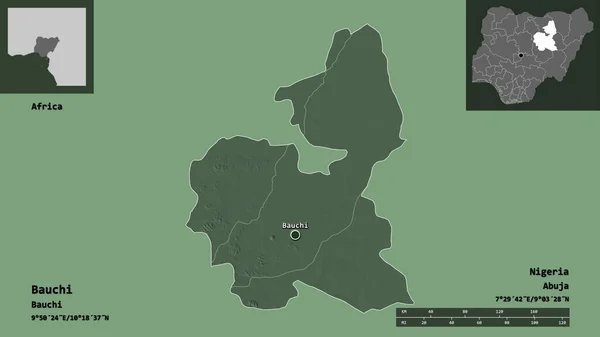 バウチの形 ナイジェリアの状態 およびその首都 距離スケール プレビューおよびラベル 色の標高マップ 3Dレンダリング — ストック写真
