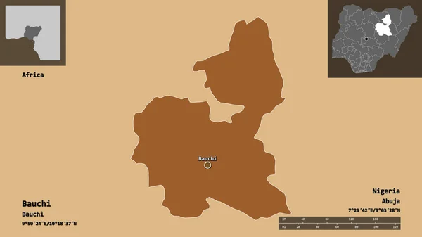 バウチの形 ナイジェリアの状態 およびその首都 距離スケール プレビューおよびラベル 規則的にパターン化されたテクスチャの構成 3Dレンダリング — ストック写真
