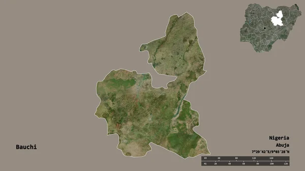 ナイジェリアのバウチャ州の形で その首都はしっかりとした背景に隔離されています 距離スケール リージョンプレビュー およびラベル 衛星画像 3Dレンダリング — ストック写真