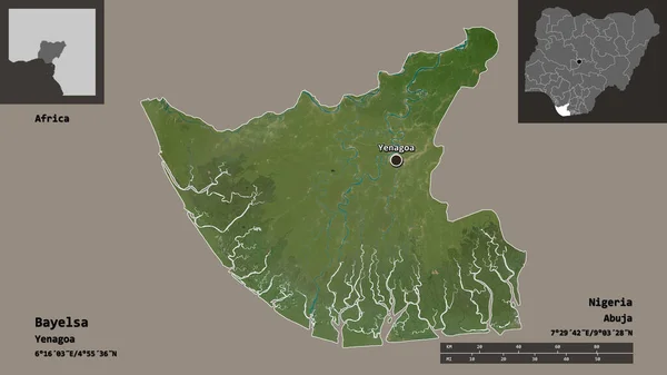 Bayelsa Nın Şekli Nijerya Eyaleti Başkenti Uzaklık Ölçeği Gösterimler Etiketler — Stok fotoğraf