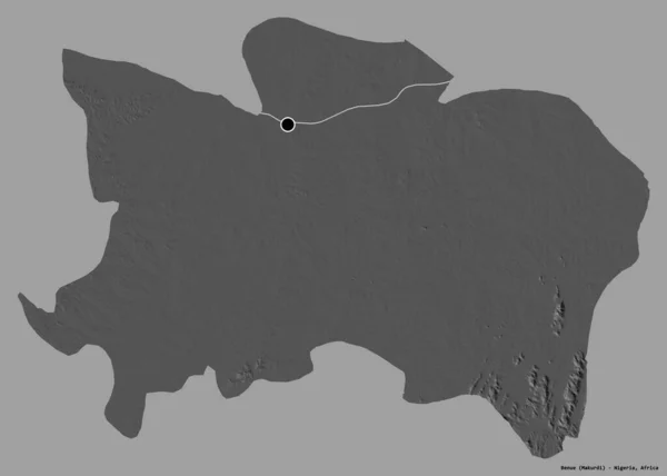尼日利亚贝努埃的形状 其首都被隔离在一个坚实的色彩背景上 Bilevel高程图 3D渲染 — 图库照片