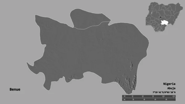 贝努埃形状 尼日利亚的州 其首都孤立的坚实的背景 距离尺度 区域预览和标签 Bilevel高程图 3D渲染 — 图库照片