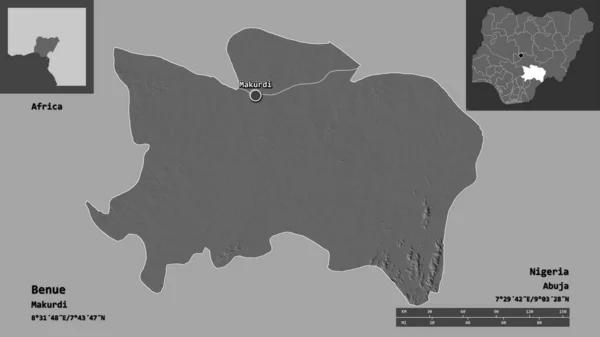 Shape Benue Bundesstaat Nigeria Und Seine Hauptstadt Entfernungsskala Vorschau Und — Stockfoto