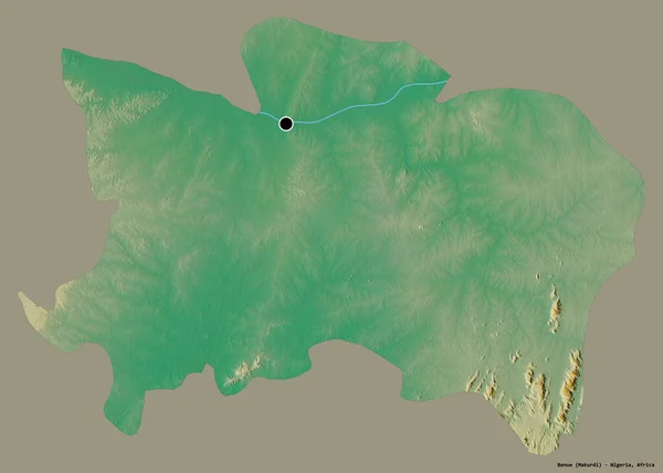 ナイジェリアのベニュー州の形で その首都はしっかりとした色の背景に隔離されています 地形図 3Dレンダリング — ストック写真