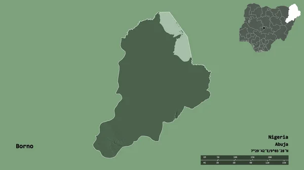 尼日利亚博尔诺州的形状 其首都在坚实的背景下与世隔绝 距离尺度 区域预览和标签 彩色高程图 3D渲染 — 图库照片