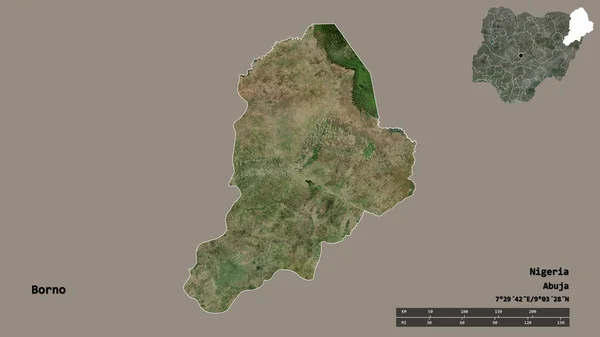 ナイジェリアのボルノ州の形で その首都はしっかりとした背景に隔離されています 距離スケール リージョンプレビュー およびラベル 衛星画像 3Dレンダリング — ストック写真