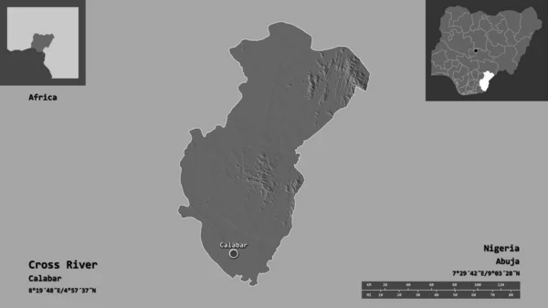 奈及利亚州克罗斯河形状及其首府 距离刻度 预览和标签 Bilevel高程图 3D渲染 — 图库照片